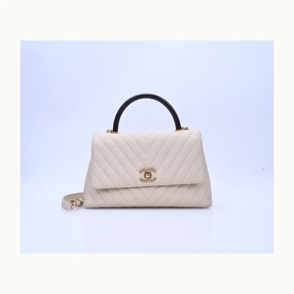 Bolsa Flap Chanel Coco Handle Medium Caviar Lizard Embossed Beige