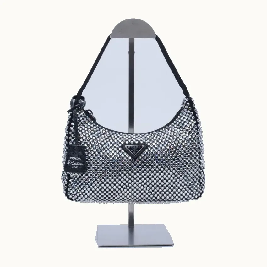 Bolsa Prada Re-Edition 2000 Mini Crystals Plateada