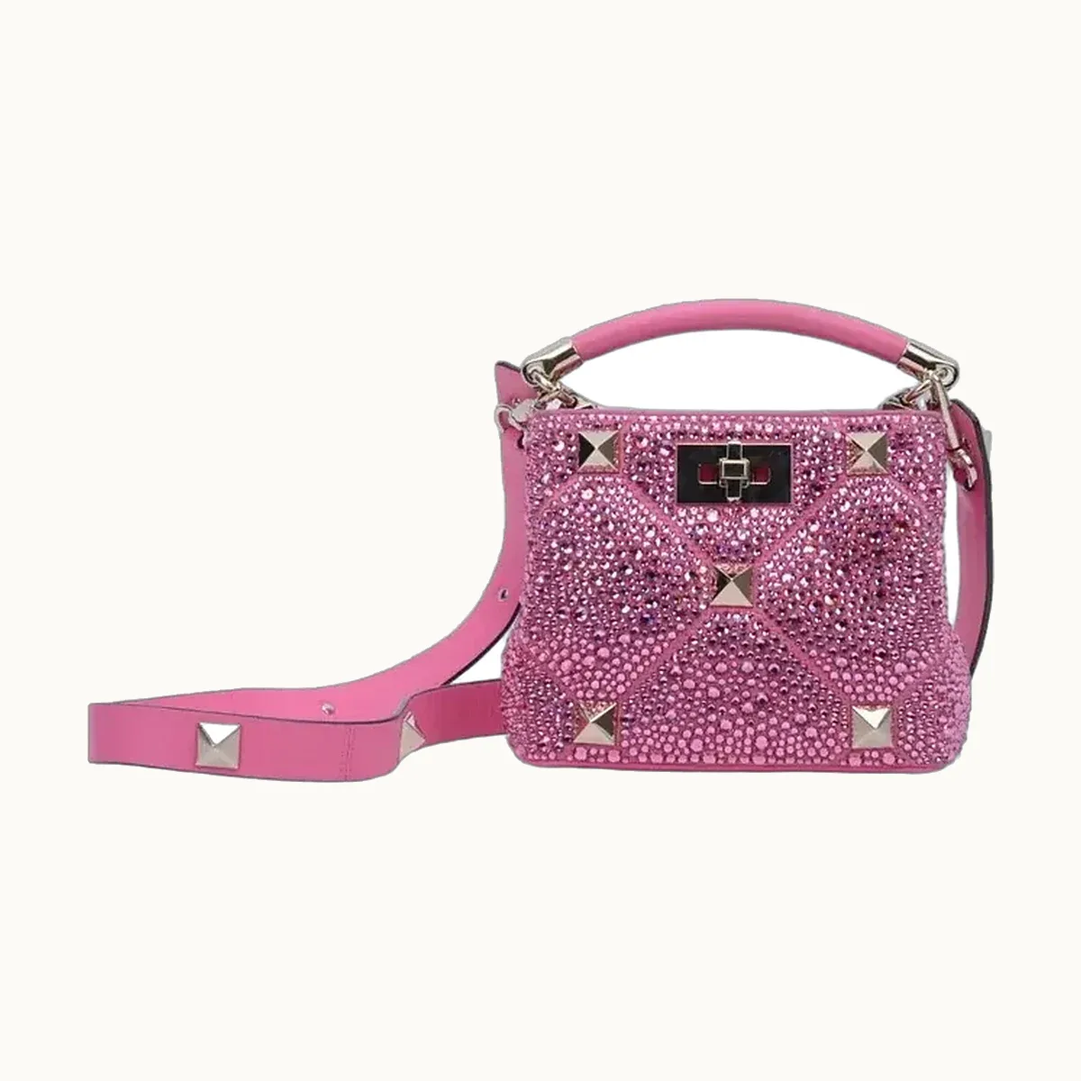 Bolsa Top Handle Valentino Roman Stud Mini Crystals Rosa