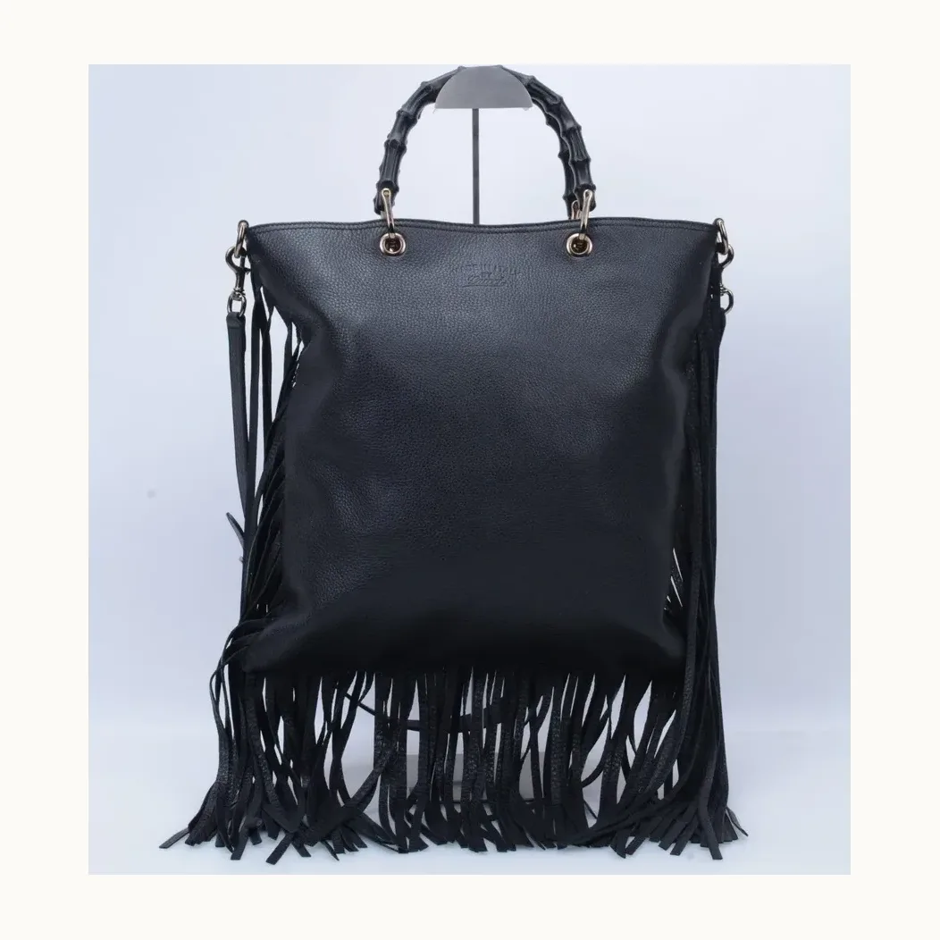 Bolsa Shopper Gucci Bamboo Fringe Negra