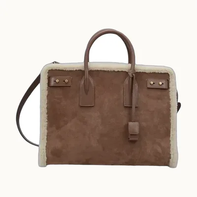 Bolsa de Mano Saint Laurent Jour Medium Shearling Trim Café