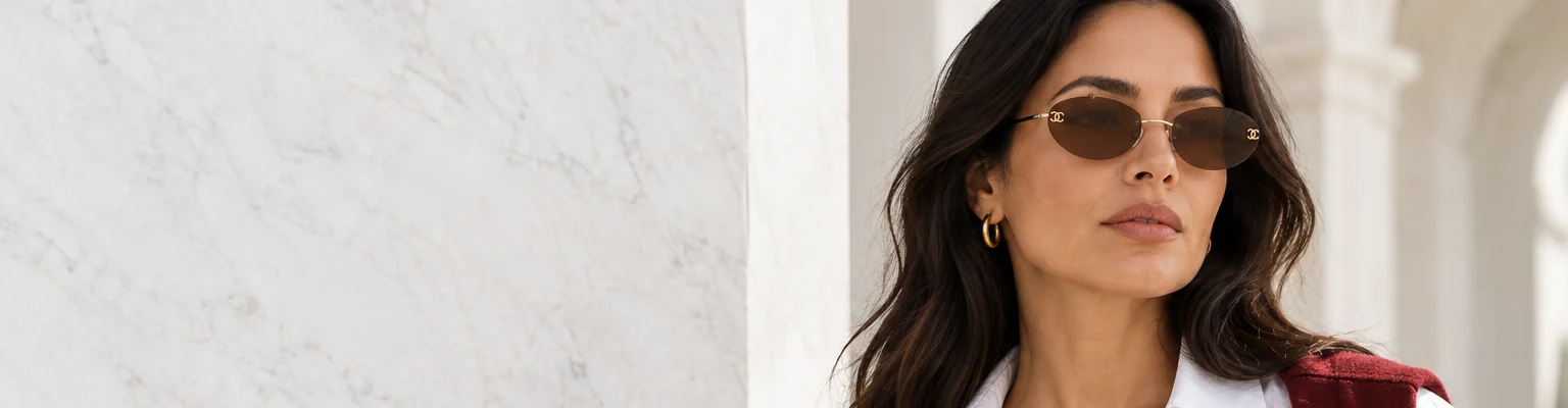 Primer plano de una mujer con lentes de sol Chanel Coco Mark