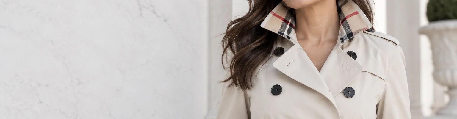 Abrigo gabardina Burberry cruzado, botones y cinturón visibles