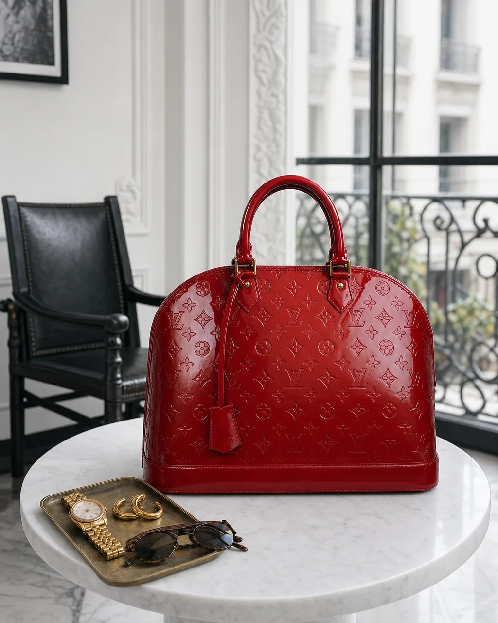 Bolsa Louis Vuitton Alma de charol rojo junto a un reloj y aretes de oro